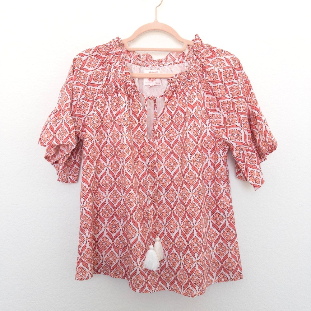 Victoria Dunn Crimson and Ivory Geometric Blouse